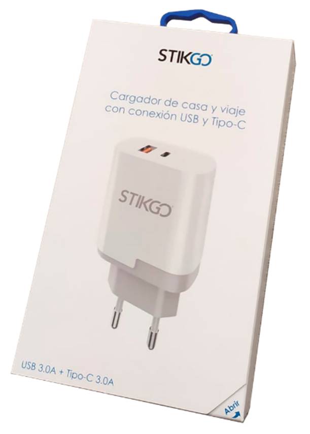 CARGADOR CASA Y VIAJE USB + USB-C 3,0A STIKGO